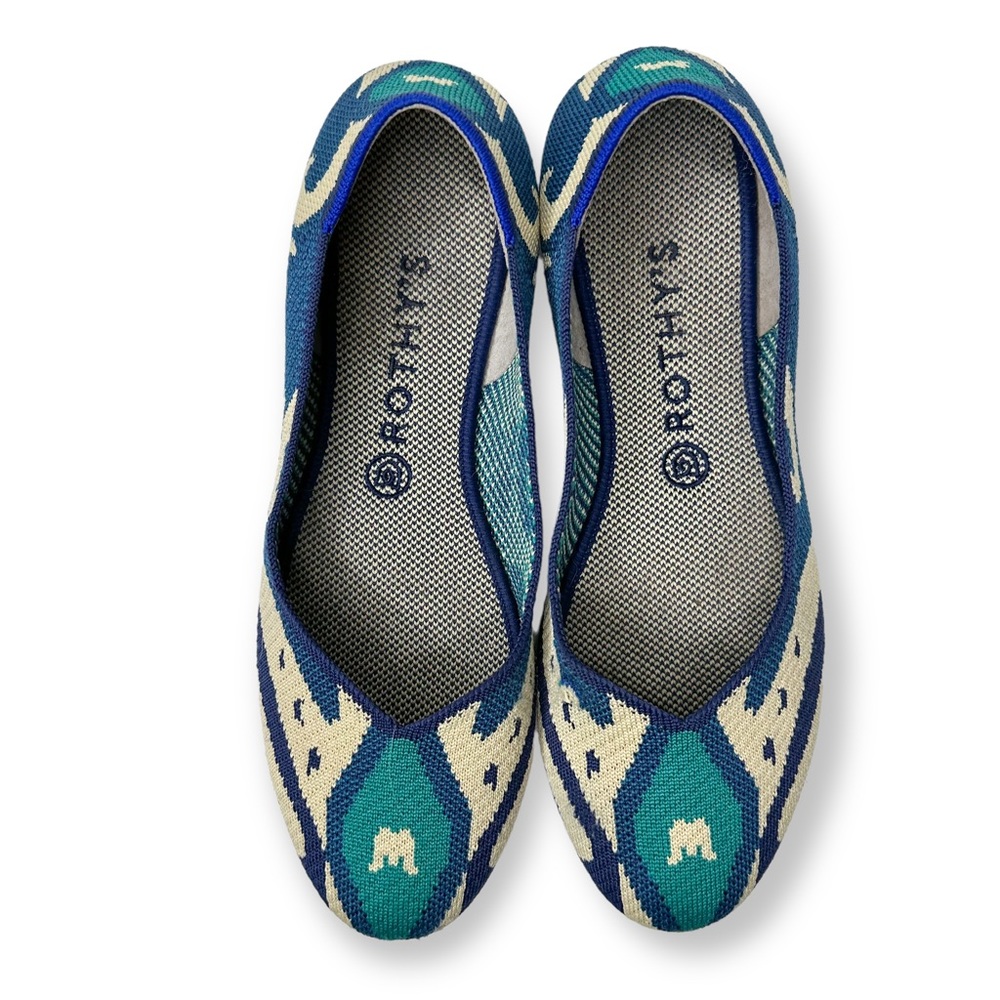 Rothy’s Morrocan Blue Print Flats Size 10 Repair Blue Teal Ivory